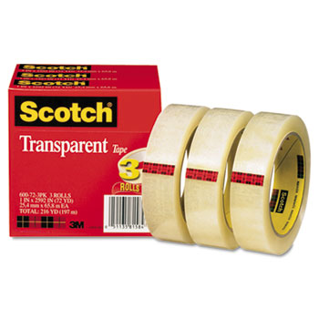 Scotch Transparent Tape 600 72 3PK 1" x 2592" 3" Core Transparent 3/Pack 