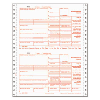 carbonless 5-part 2015 IRS Tax Form 1099-MISC single sheet set for 2 recipients 