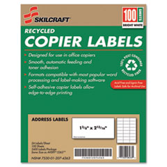 SKILCRAFT Recycled Copier Labels, Copiers, 1.38 x 2.81, White, 24/Sheet, 100 Sheets/Box
