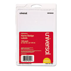 Universal® BADGE NAME PLN 100-PK WH Plain Self-Adhesive Name Badges, 3 1-2 X 2 1-4, White, 100-pack
