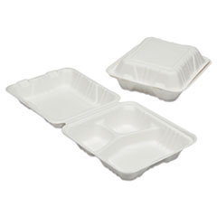 SKILCRAFT Clamshell Hinged Lid ToGo Food Containers, 3 Compartment, 8 x 8 x 3, White, Paper, 200/Box
