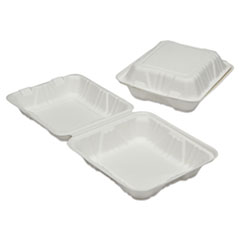SKILCRAFT Clamshell Hinged Lid ToGo Food Containers, 8 x 8 x 3, White, Paper, 200/Box