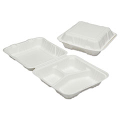 SKILCRAFT Clamshell Hinged Lid ToGo Food Containers, 3 Compartment, 9 x 9 x 3, White, Paper, 200/Box