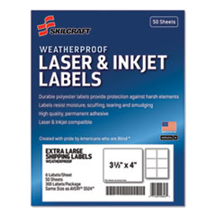 SKILCRAFT Weatherproof Mailing Labels, Inkjet/Laser Printers, 3.33 x 4, White, 6/Sheet, 50 Sheets/Pack