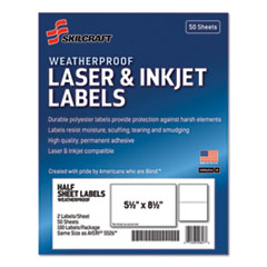 SKILCRAFT Weatherproof Mailing Labels, Laser Printers, 5.5 x 8.5, White, 2/Sheet, 50 Sheets/Pack