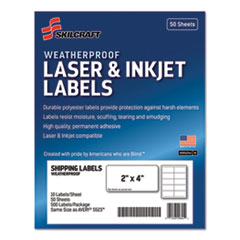 SKILCRAFT Weatherproof Mailing Labels, Laser Printers, 2 x 4, White, 10/Sheet, 50 Sheets/Pack