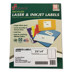 SKILCRAFT Recycled Laser and Inkjet Labels, Inkjet/Laser Printers, 1.33 x 4, White, 14/Sheet, 100 Sheets/Box