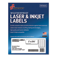SKILCRAFT Weatherproof Mailing Labels, Laser Printers, 1 x 2.63, White, 30/Sheet, 50 Sheets/Box