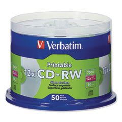 Verbatim® DISC CDRW PRT 12X SR 50PK Cd-Rw Discs, Printable, 700mb-80min, 12x, Spindle, Silver, 50-pack