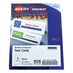 SKILCRAFT AVERY Tent Cards, White, 2.5 x 8.5, 2 Cards/Sheet, 50 Sheets/Pack