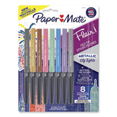 Flair Metallic Porous Point Pen, Stick, Medium 0.7 mm, Assorted Ink and Barrel Colors, 8/Pack