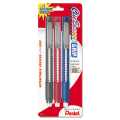 Pentel ZE21BP3-K6 Clic Eraser Pen-Style Grip Eraser, Assorted, 3/Pack
