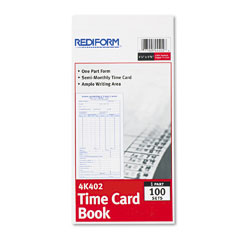 Rediform 4K402 Employee Time Card, Semi-Monthly, 4-1/4 X 8, 100/Pad