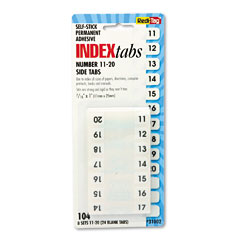Redi-Tag 31002 Side-Mount Self-Stick Plastic Index Tabs Nos 11-20, 1In, White, 104/Pack