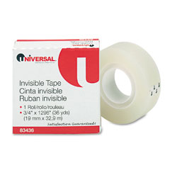 Universal 83436 Invisible Tape, 3/4" X 1296", 1" Core, Clear