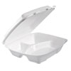 Foam Hinged Lid Container, 3-Comp, 9 x 9 2/5 x 3, White, 100/Bag, 2 Bag/Carton