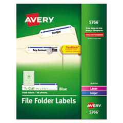 Permanent TrueBlock File Folder Labels with Sure Feed Technology, 0.66 x 3.44, Blue/White, 30/Sheet,