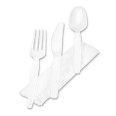 White Medium Weight Polystyrene Fork Knife Teaspoon Napkin Cutlery Kit, 250/CT