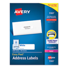 Easy Peel White Address Labels w/ Sure Feed Technology, Laser Printers, 1 x 4, White, 20/Sheet, 100