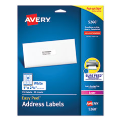 Easy Peel White Address Labels w/ Sure Feed Technology, Laser Printers, 1 x 2.63, White, 30/Sheet, 2
