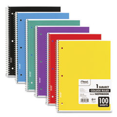 Spiral Notebook, 3-Hole Punched, 1-Subject, Medium/College Rule, Randomly Assorted Cover Color, (100