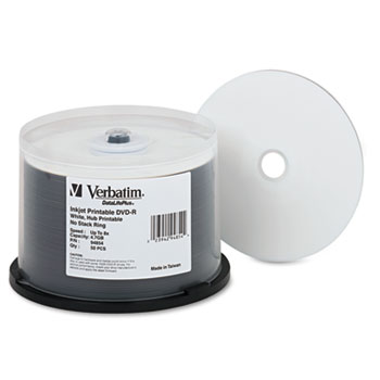 Verbatim&#174; DVD-R 4.7GB 8X DataLifePlus White Inkjet Printable/Hub Printable, 50/PK Spindle