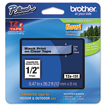 Brother P-Touch&#174; TZe Standard Adhesive Laminated Labeling Tape, 1/2w, Black on Clear