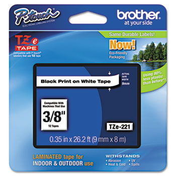 Brother P-Touch TZe Standard Adhesive Laminated Labeling Tape, 3/8w, Black on White