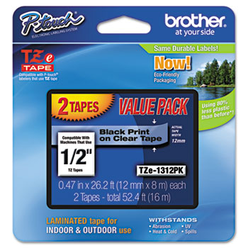 Brother P-Touch TZe Standard Adhesive Laminated Labeling Tapes, 1/2w, Black on Clear, 2/Pack