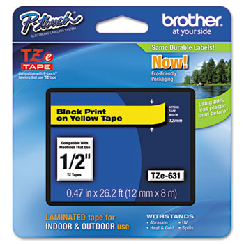 Brother P-Touch TZe Standard Adhesive Laminated Labeling Tape, 1/2w, Black on Yellow