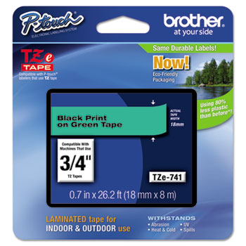 Brother P-Touch TZe Standard Adhesive Laminated Labeling Tape, 0.7&quot;, Black on Green