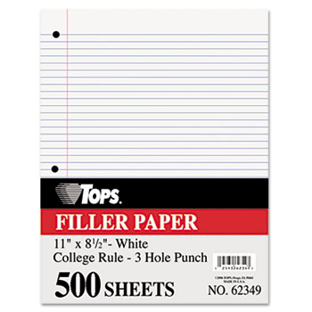 TOPS™ Filler Paper, 3 Hole Punch, 16 lb, 8 1/2 x 11, College Rule, White, 500 Sheets/Pack