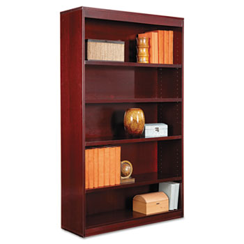 Alera Square Corner Wood Veneer Bookcase, Five-Shelf, 35.63w x 11.81d x 60h, Mahogany