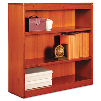 Alera Square Corner Wood Bookcase, Three-Shelf, 35.63w x 11.81d x 35.91h, Medium Cherry