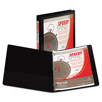 Samsill  Speedy Spine™ Time Saving / Easy Spine Label Inserting 3 Ring View Binder, .5 Inch Round Ring, Customizable Clear View Cover, Black