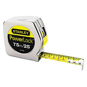 Stanley Tools Powerlock Tape Rule, 1&quot; x 25ft, Plastic Case, Chrome, 1/16&quot;-1mm Graduation
