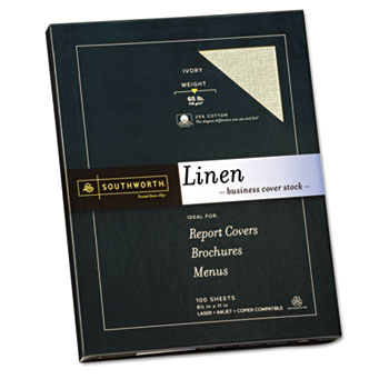 Southworth&#174; 25% Cotton Linen Copy/Inkjet/Laser Coverstock, 65 lbs, Letter, Ivory, 100 Sheets