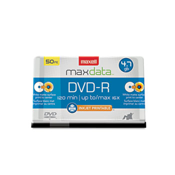 Maxell&#174; DVD-R Recordable Discs, Printable, 4.7GB, 16x, Spindle, White, 50/Pack