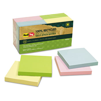 Redi-Tag&#174; 100% Recycled Notes, 3 x 3, Four Colors, 12 100-Sheet Pads/Pack