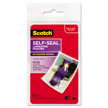 Scotch™ Self-Sealing Laminating Pouches, Glossy, 2 13/16 x 3 15/16, Wallet Size, 5/Pack
