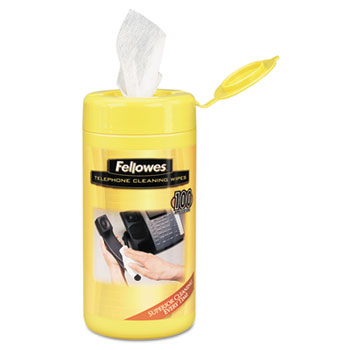 Fellowes&#174; Telephone Surface Cleaner Wet Wipes, Cloth, 5 x 6, 100/Tub