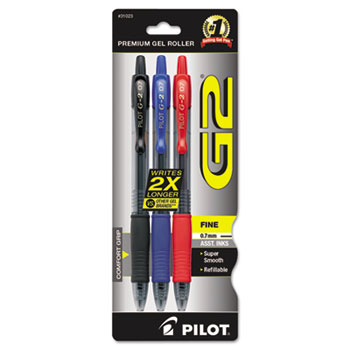 Pilot&#174; G2 Premium Retractable Gel Ink Pen, Refillable, Assorted Ink, .7mm, 3/Pack