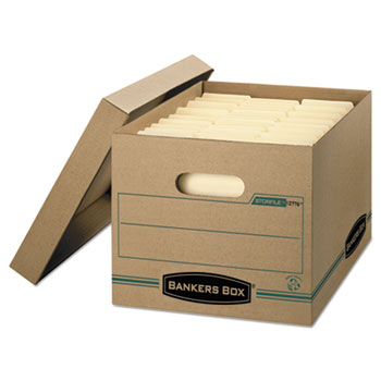Bankers Box STOR/FILE Storage Box, Letter/Legal, Lift-off Lid, Kraft/Green, 12/Carton