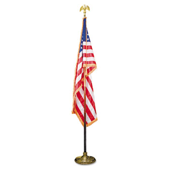 Advantus Deluxe 3 ft x 5 ft U.S. Flag, 8 ft Oak Staff, 2&quot; Gold Fringe, 7&quot; Goldtone Eagle