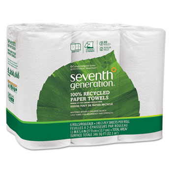 Seventh Generation 100% Recycled Paper Towel Rolls, 140 Sheets/Roll, White, 6/Pack