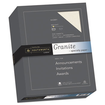 Southworth&#174; Granite Specialty Paper, Ivory, 24 lbs., 8-1/2 x 11, 25% Cotton, 500/Box