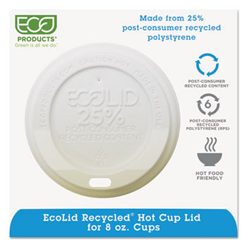 Eco-Products&#174; EcoLid 25% Recy Content Hot Cup Lid, White, Fits 8oz Hot Cups, 100/PK, 10 PK/CT