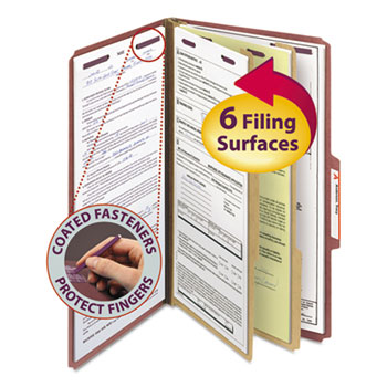 Smead Pressboard Classification Folders w/ Self Tab, Legal, Six-Section, Red, 10/Box