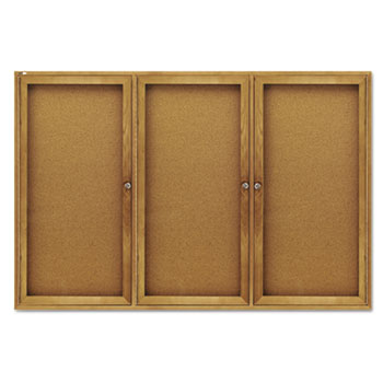 Quartet Enclosed Bulletin Board, Natural Cork/Fiberboard, 72 x 48, Oak Frame