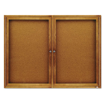 Quartet&#174; Enclosed Bulletin Board, Natural Cork/Fiberboard, 48 x 36, Oak Frame